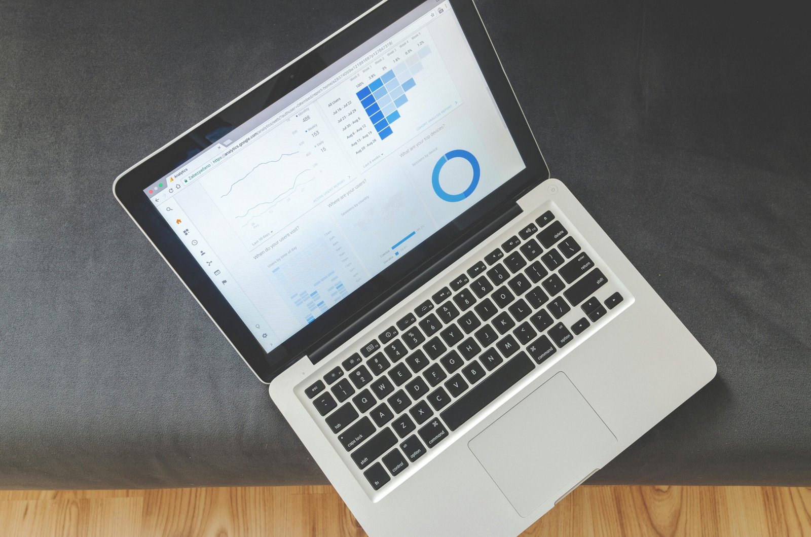 Overhead view of a laptop showing data visualizations and charts on its screen.